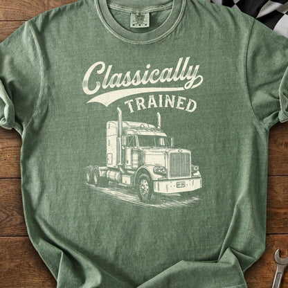 Green t-shirt with "Classically TRAINED" text and a detailed drawing of a semi-truck.