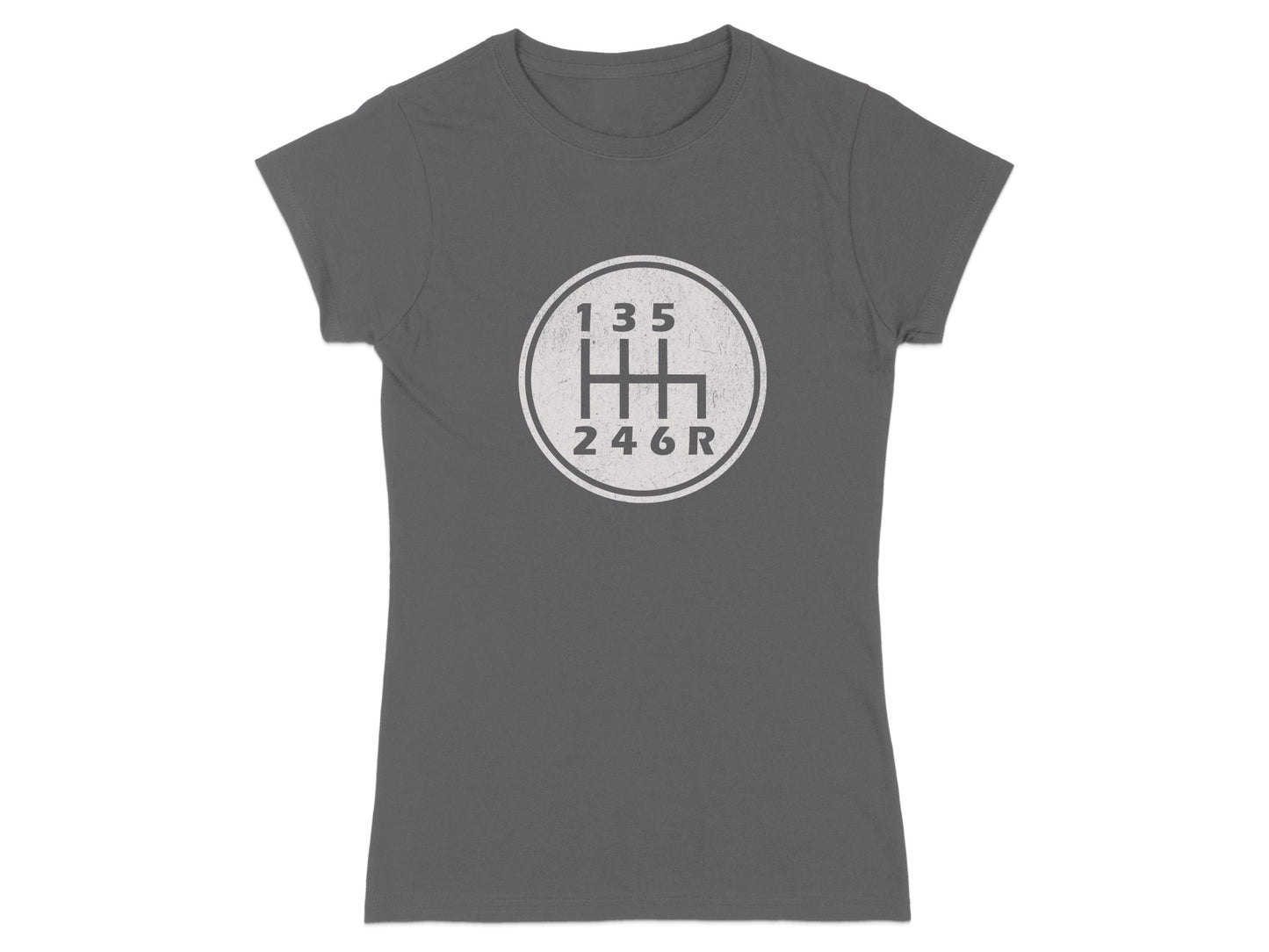 Gray t-shirt with a white gear shift pattern graphic.