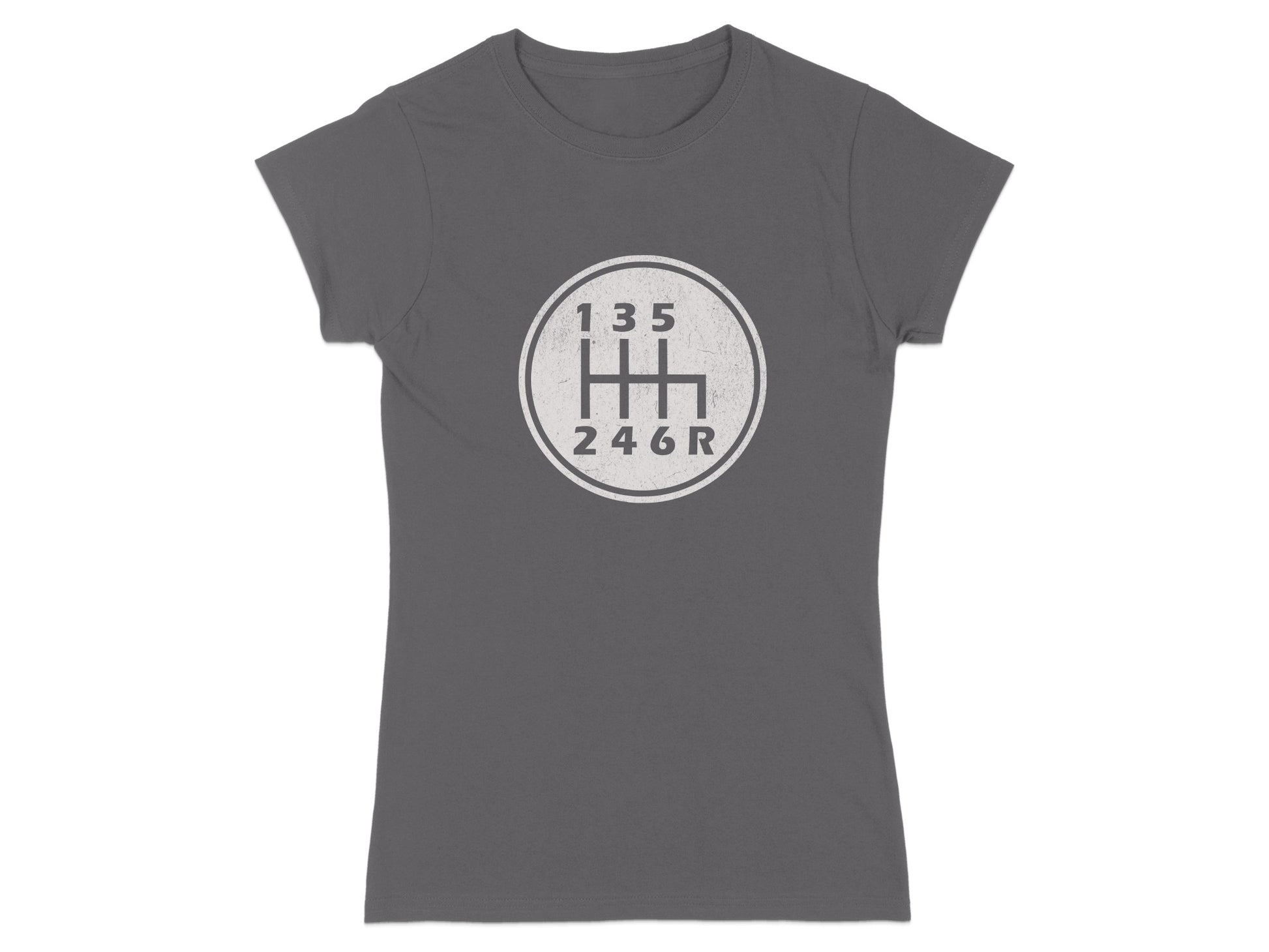 Gray t-shirt with a white gear shift pattern graphic.