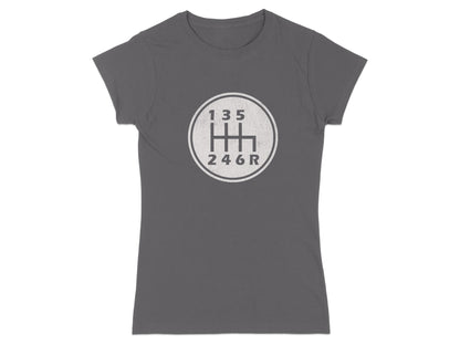 Gray t-shirt with a white gear shift pattern graphic.