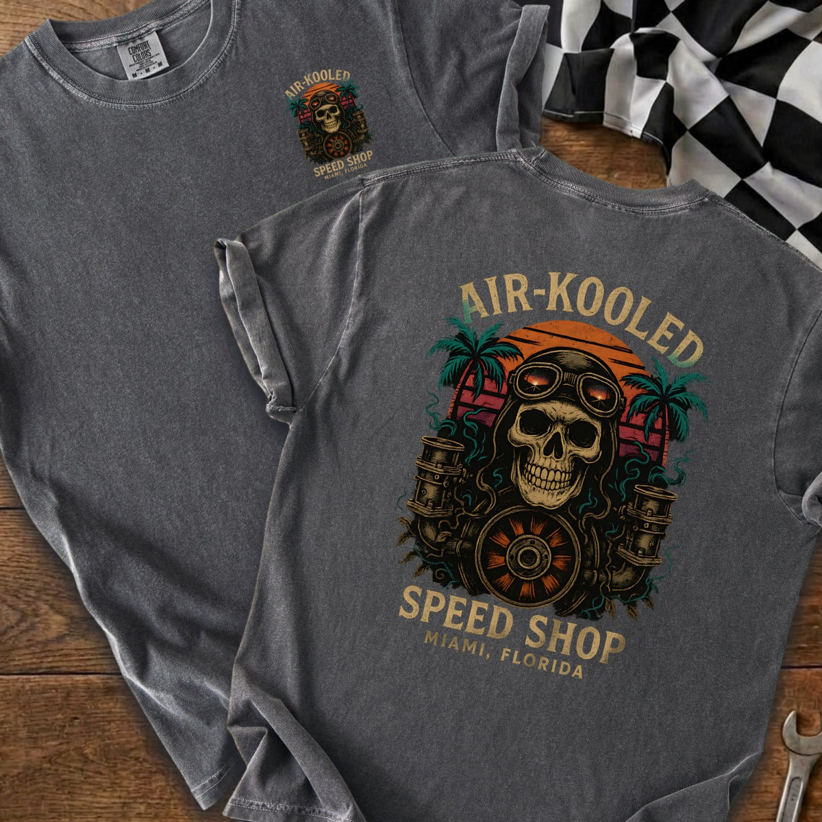 T-shirt with skull wearing goggles, "Air-Kooled Speed Shop Miami, Florida" graphic.