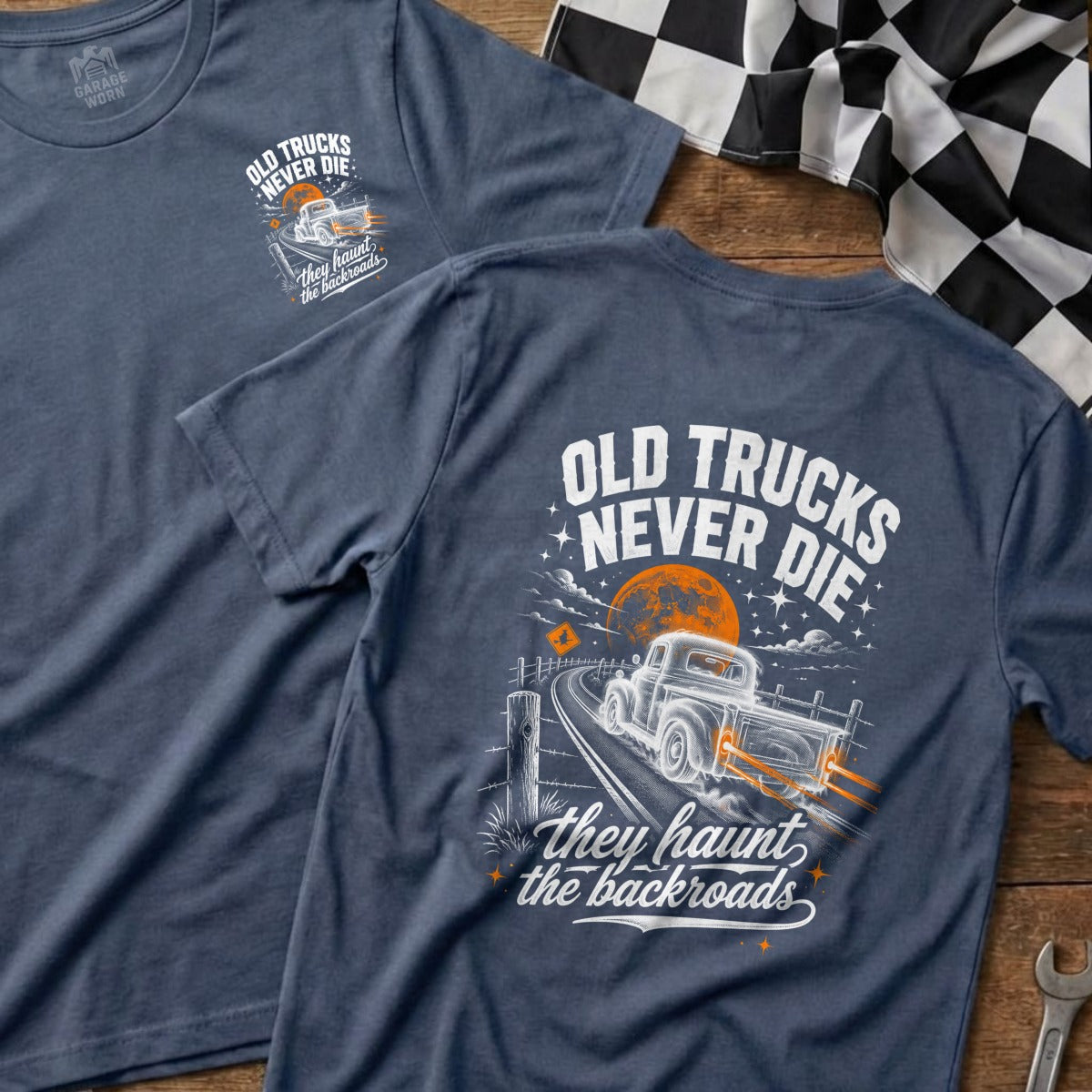 Blue t-shirt with "Old Trucks Never Die" and a truck graphic.
