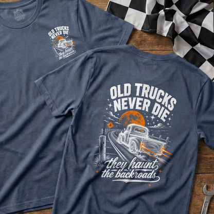 Blue t-shirt with "Old Trucks Never Die" and a truck graphic.