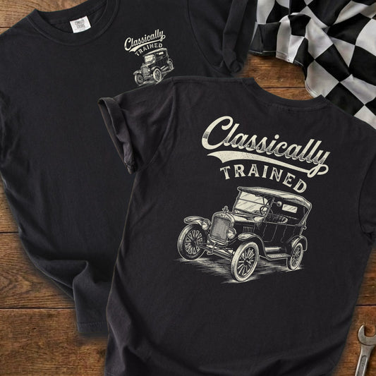 Black t-shirts with "Classically Trained" text and vintage car graphic.