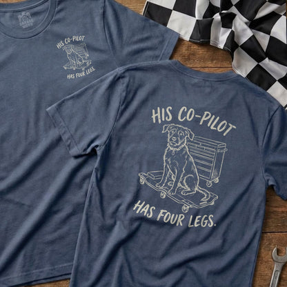 Blue t-shirt with dog on toolbox graphic and text "His Co-Pilot Has Four Legs."