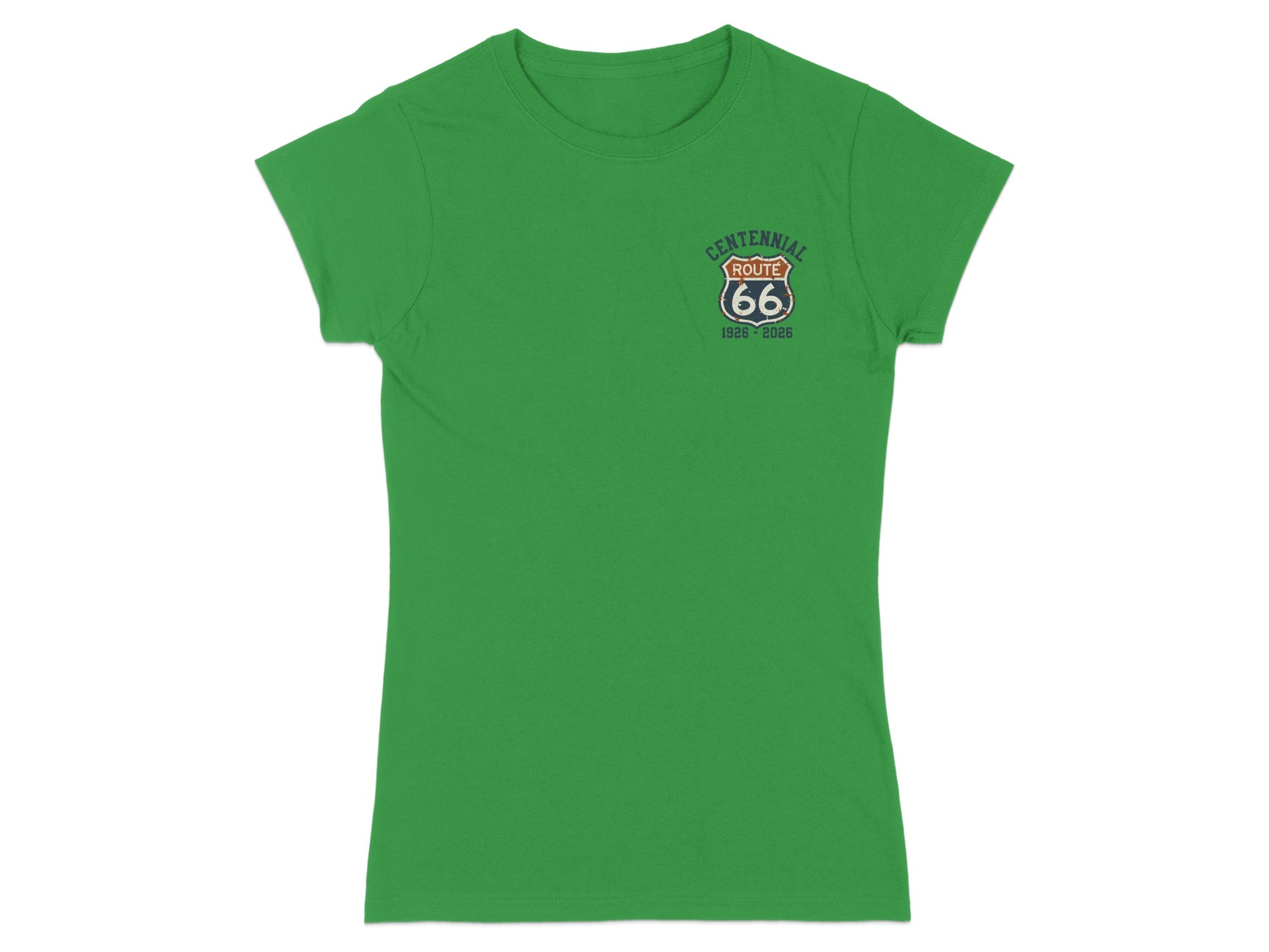 Green t-shirt with Route 66 Centennial 1926-2026 logo on left chest.