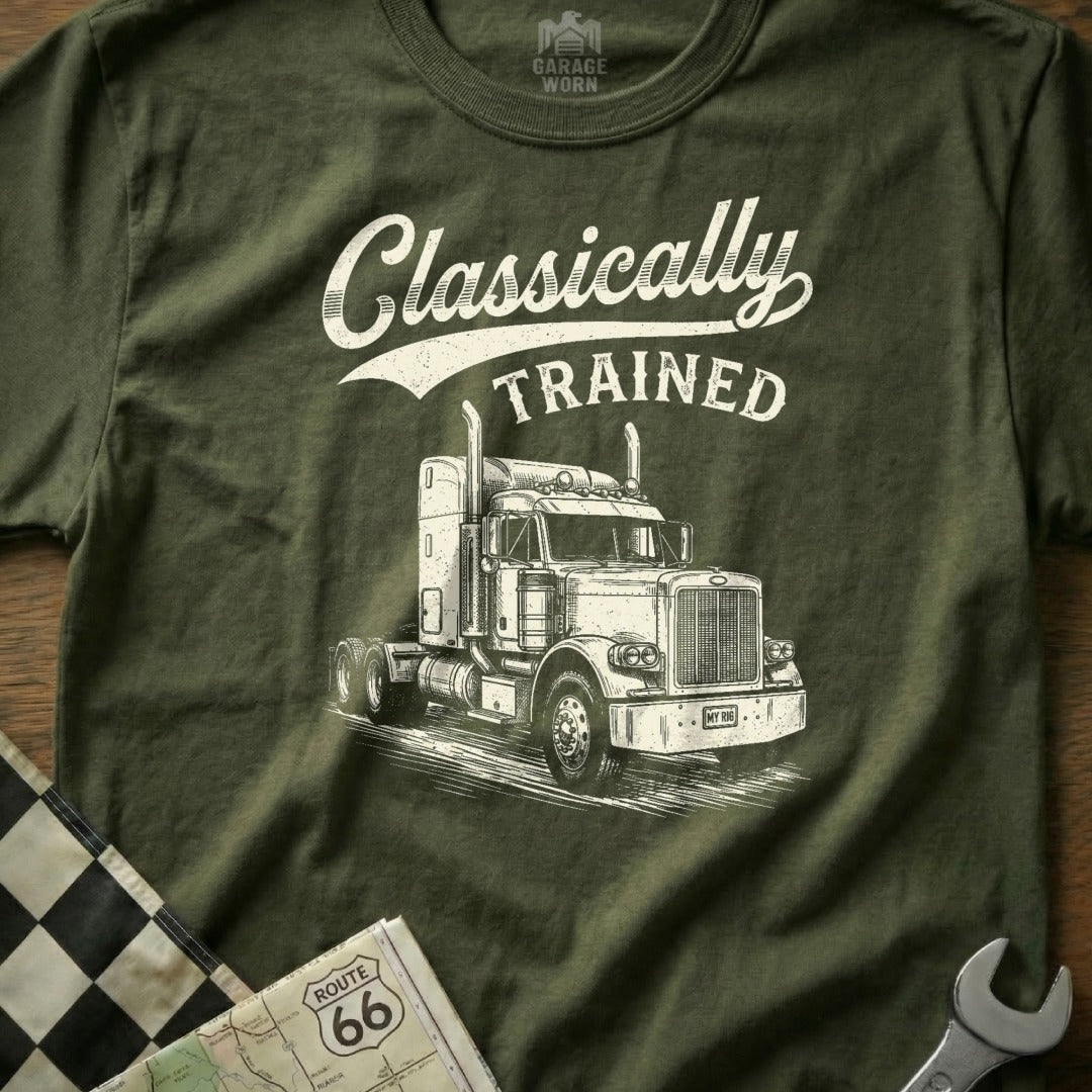 Olive green t-shirt with "Classically TRAINED" text and a vintage truck graphic.