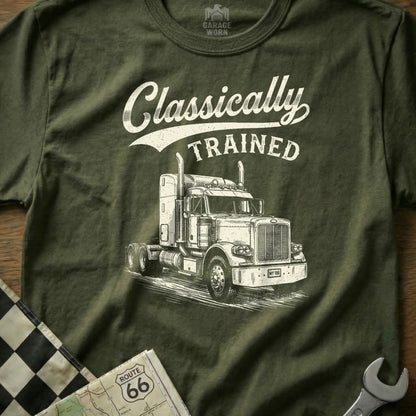 Olive green t-shirt with "Classically TRAINED" text and a vintage truck graphic.