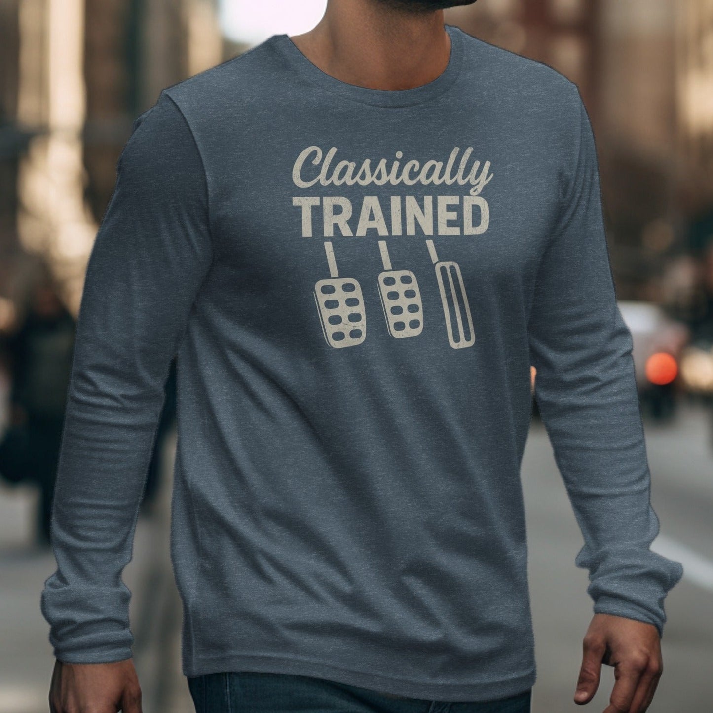 Men's grey long-sleeve shirt with "Classically TRAINED" and three pedals.