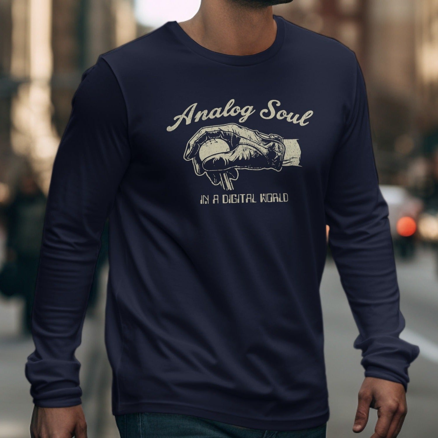 Navy long-sleeve shirt with "Analog Soul in a Digital World" graphic.