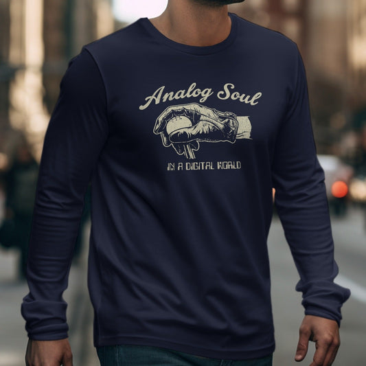 Navy long-sleeve shirt with "Analog Soul in a Digital World" graphic.
