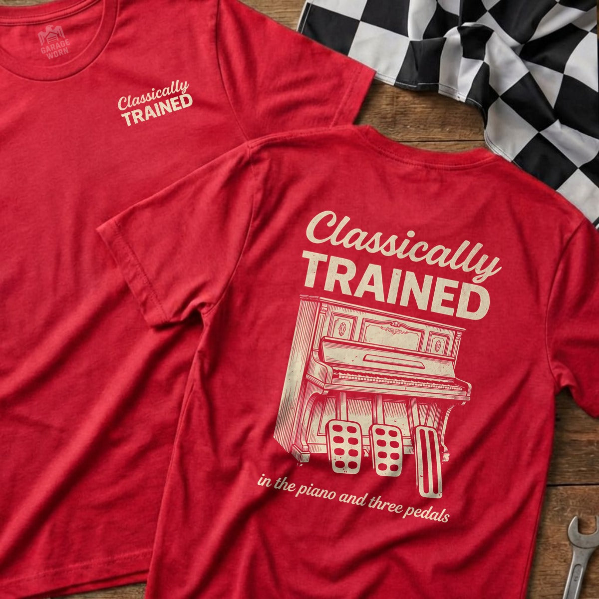 Red t-shirt with "Classically Trained in the piano and three pedals" and piano illustration.