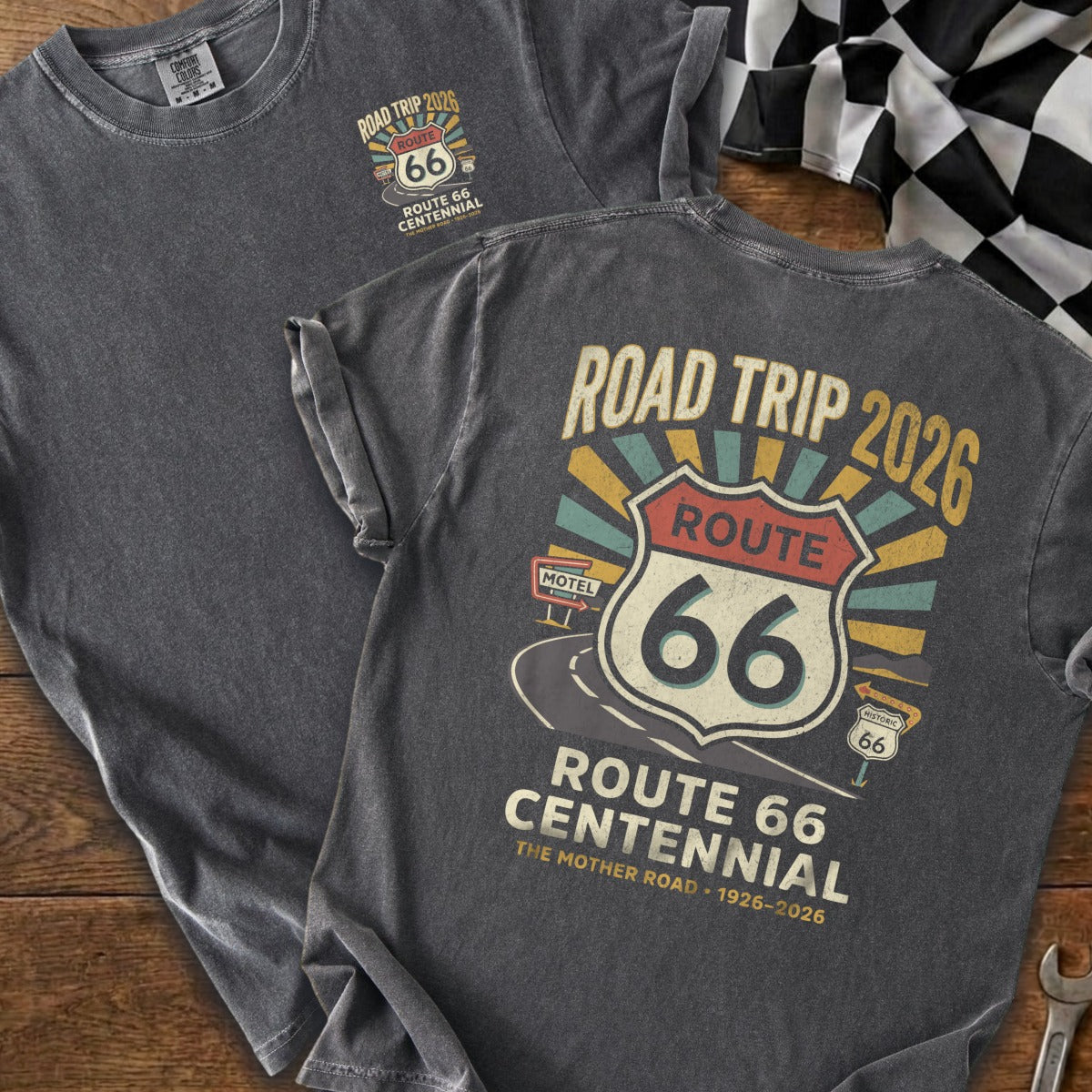 Dark gray t-shirt with "Route 66 Centennial" graphic and checkered flag.