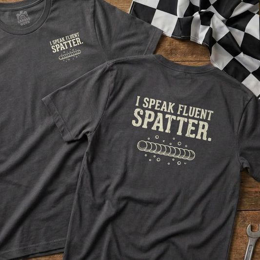 Dark grey t-shirt with "I SPEAK FLUENT SPATTER" and weld bead graphic.