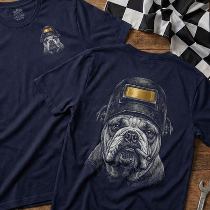 Bulldog wearing welding helmet and smoking, printed on dark blue t-shirt.