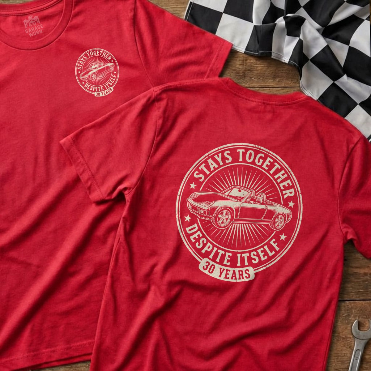 Red t-shirts with "Stays Together Despite Itself 30 Years" and a convertible car design.