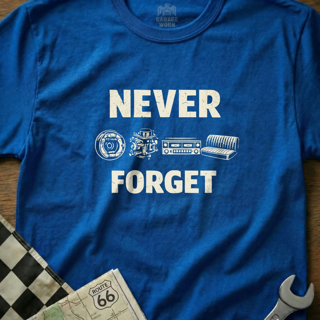 Blue t-shirt with "NEVER FORGET" text and illustrations of car parts.