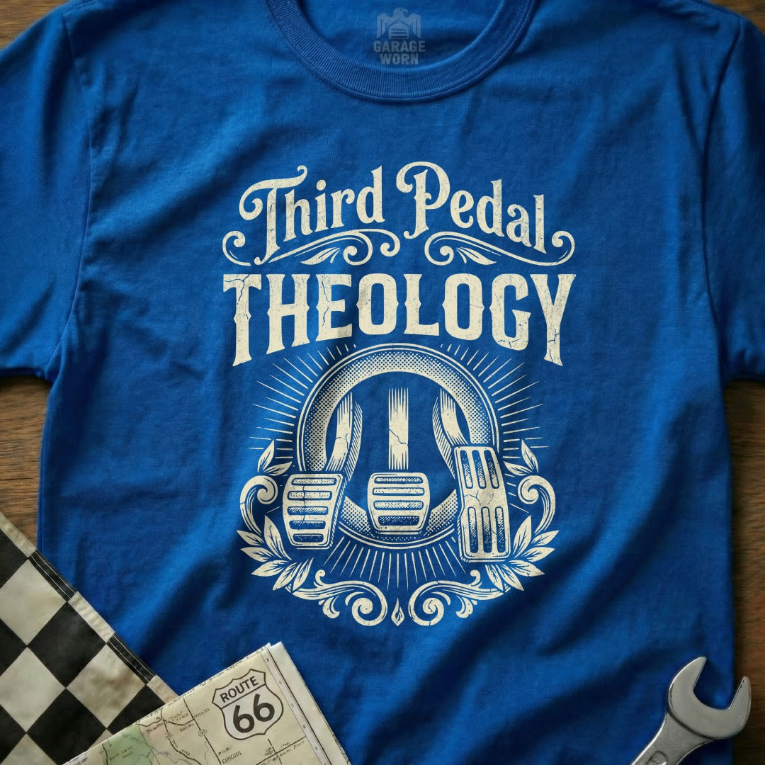 Blue t-shirt with "Third Pedal Theology" text and graphic of pedals.