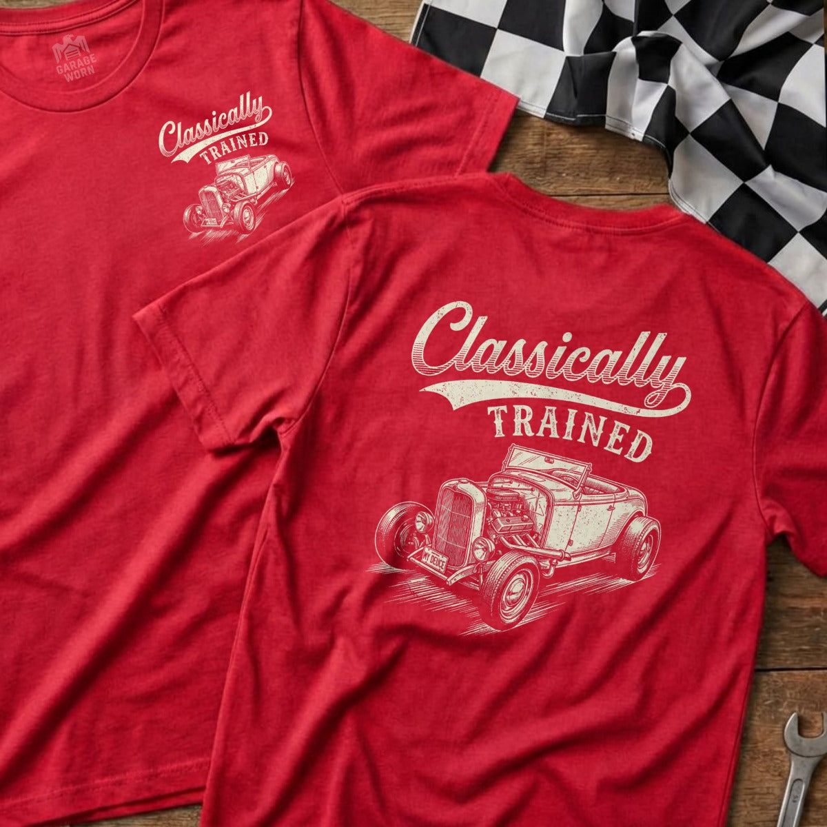 Red t-shirt with "Classically Trained" text and hot rod graphic on back.