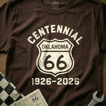 Brown t-shirt with Centennial Oklahoma Route 66 1926-2026 graphic.