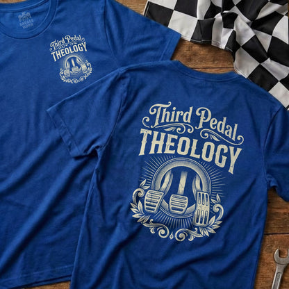 Blue t-shirt with Third Pedal Theology logo featuring pedals and gears.