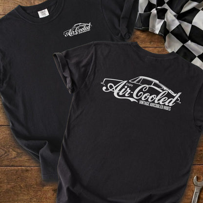Black t-shirts with white "Air-Cooled" graphic and vintage car illustration.