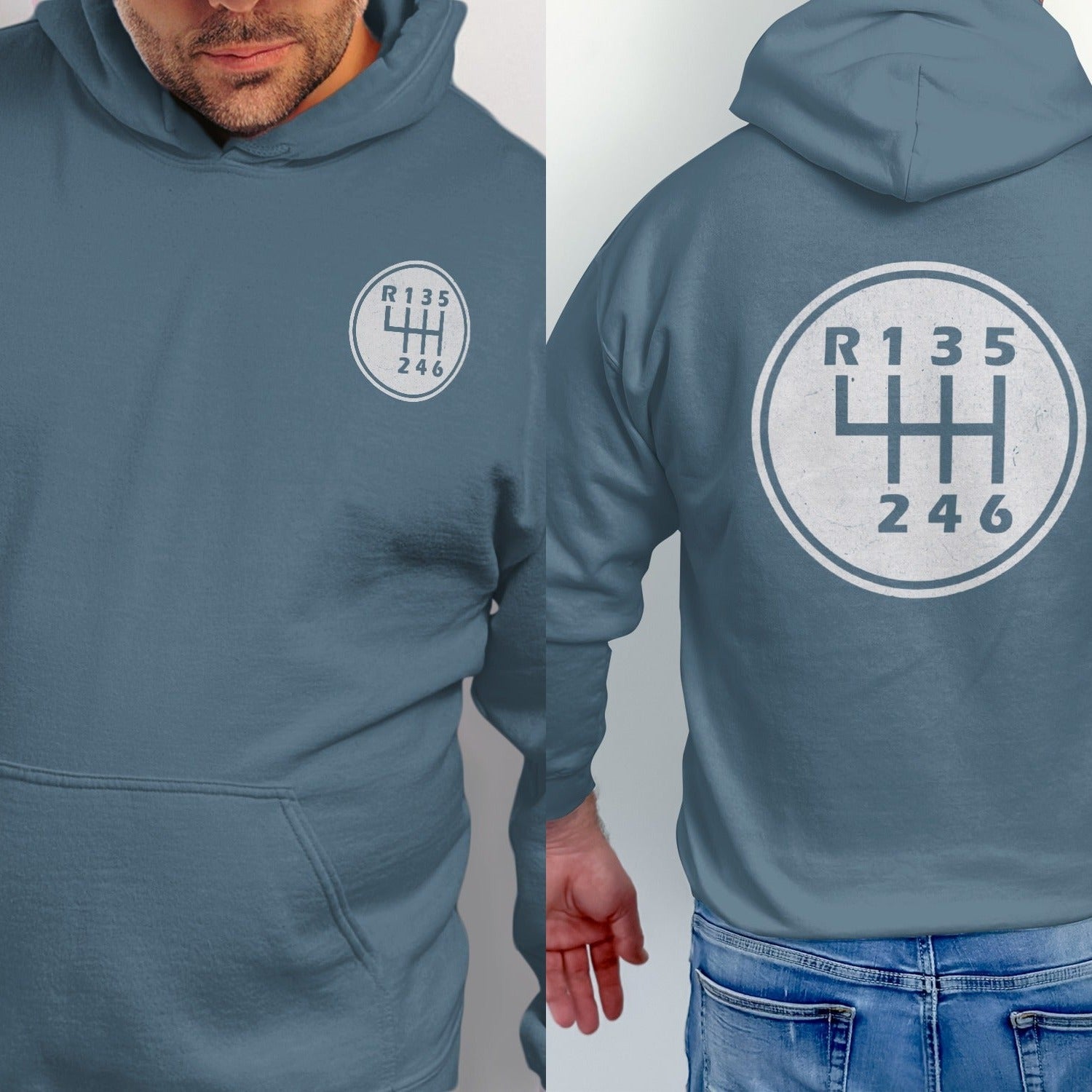 Blue hoodie with a circular graphic of a manual gear shift pattern.
