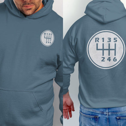 Blue hoodie with a circular graphic of a manual gear shift pattern.
