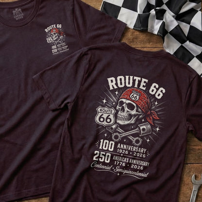 Route 66 t-shirt with skull, pistons, and anniversary dates.