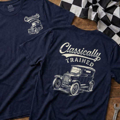 Navy t-shirts feature "Classically Trained" text and vintage car graphic.