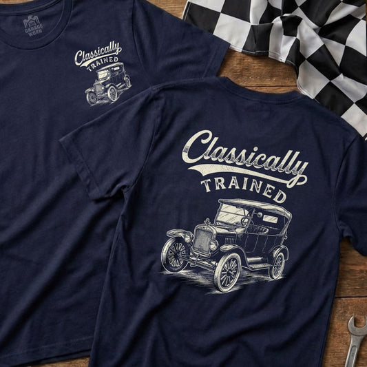 Navy t-shirts feature "Classically Trained" text and vintage car graphic.