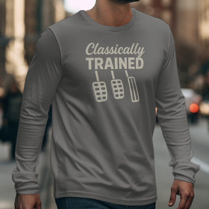 Gray long-sleeve shirt with text "Classically TRAINED" and three pedal icons.