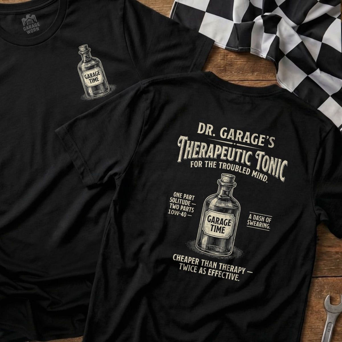 Black t-shirt with "Dr. Garage's Therapeutic Tonic" and oil jug graphic.