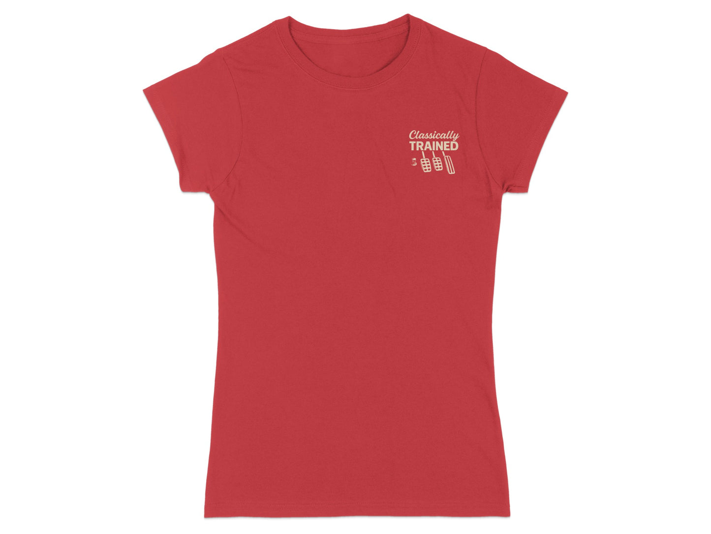 Red t-shirt with "Classically TRAINED" text and dumbbell graphic.