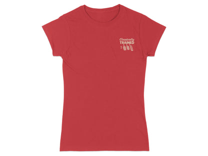 Red t-shirt with "Classically TRAINED" text and dumbbell graphic.