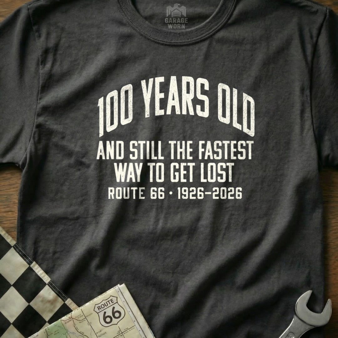 Dark t-shirt with "100 Years Old" and Route 66 text.