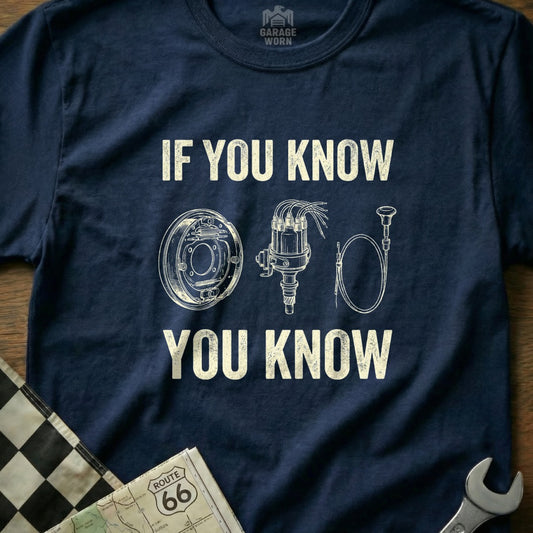 Navy t-shirt with "IF YOU KNOW" and automotive parts, "YOU KNOW".
