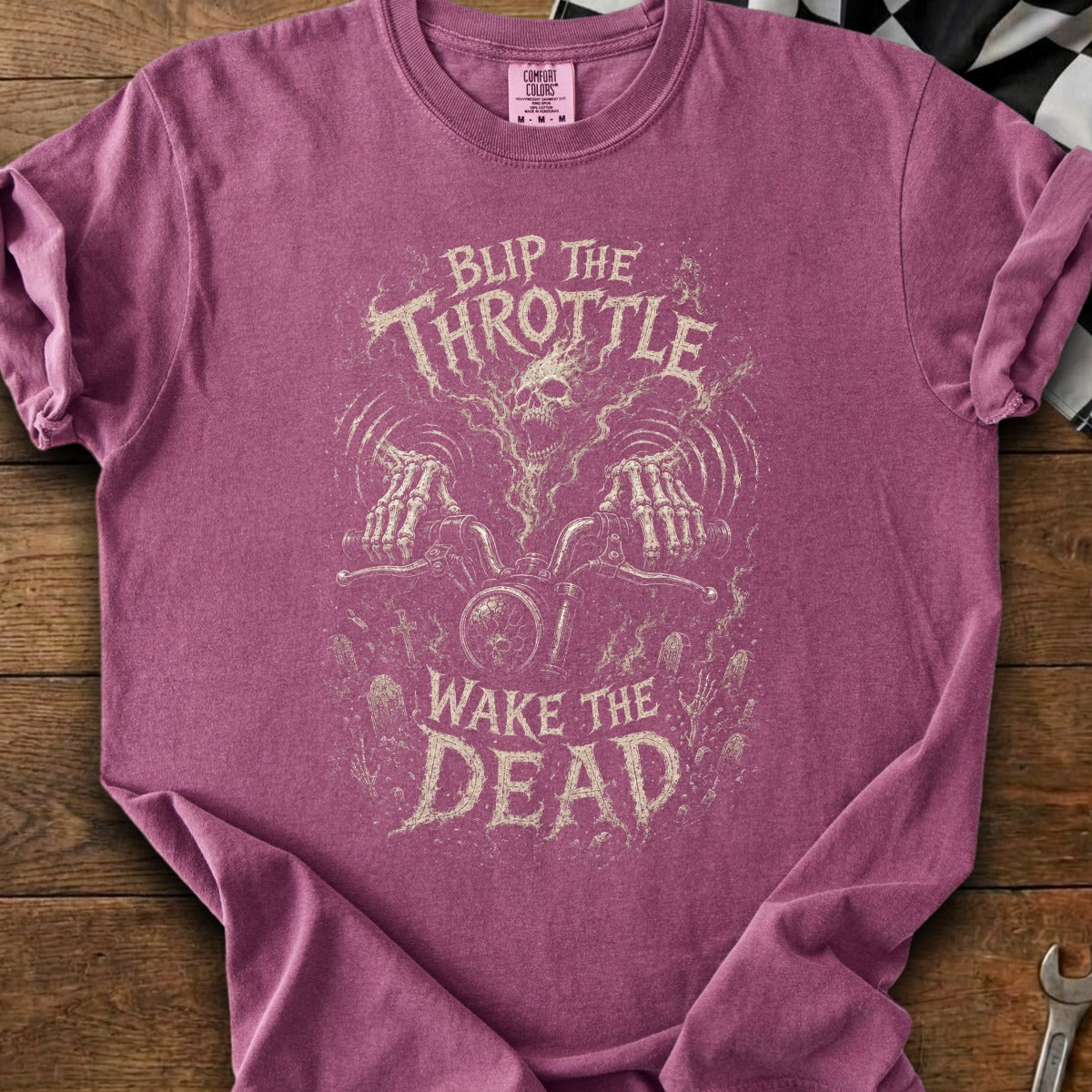 Maroon t-shirt with "Blip The Throttle Wake The Dead" skeleton biker graphic.