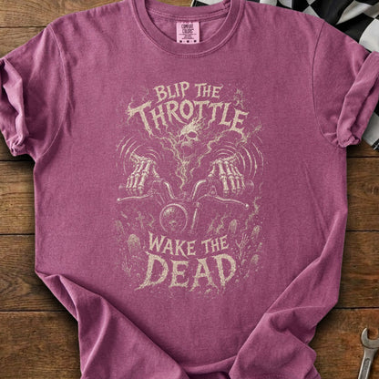 Maroon t-shirt with "Blip The Throttle Wake The Dead" skeleton biker graphic.