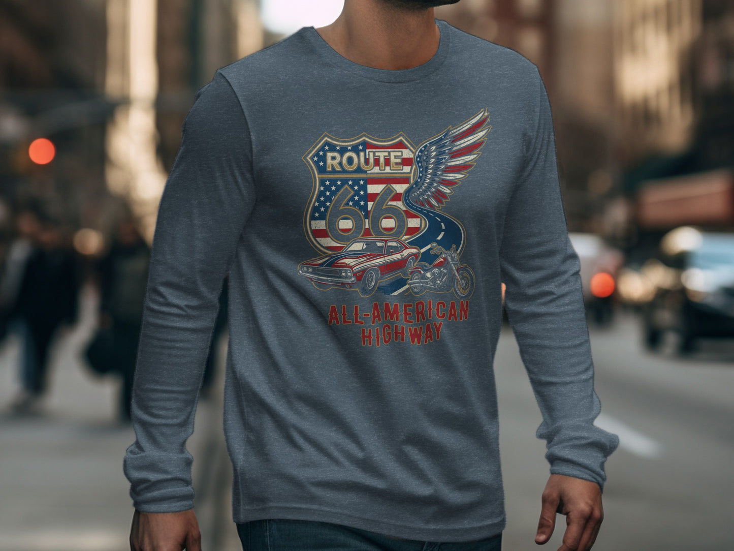 Long sleeve t-shirt with Route 66 shield, eagle wings, and classic car graphic.