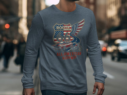 Long sleeve t-shirt with Route 66 shield, eagle wings, and classic car graphic.