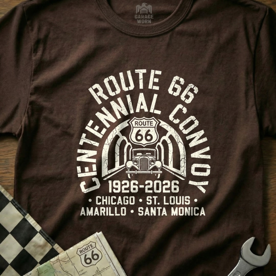 Brown t-shirt with Centennial Route 66 Convoy 1926-2026 design.