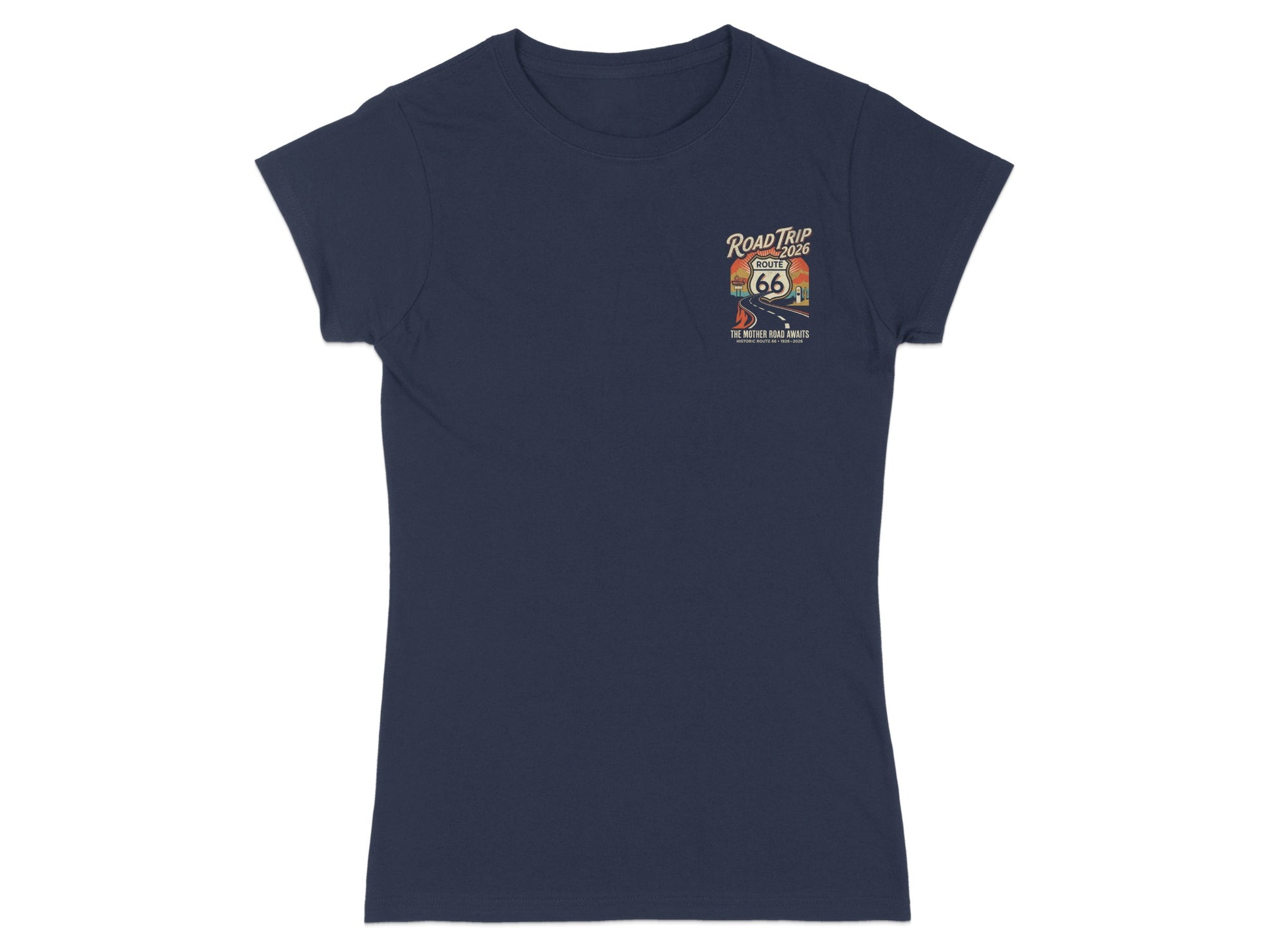 Dark navy t-shirt with "Road Trip Route 66" graphic and retro motifs.