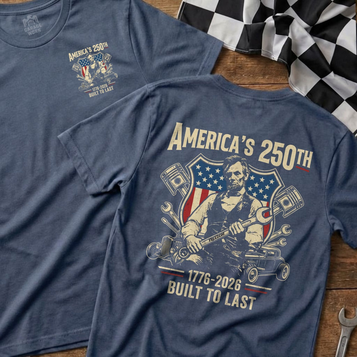 Two blue t-shirts with "America's 250th Built to Last" graphic.