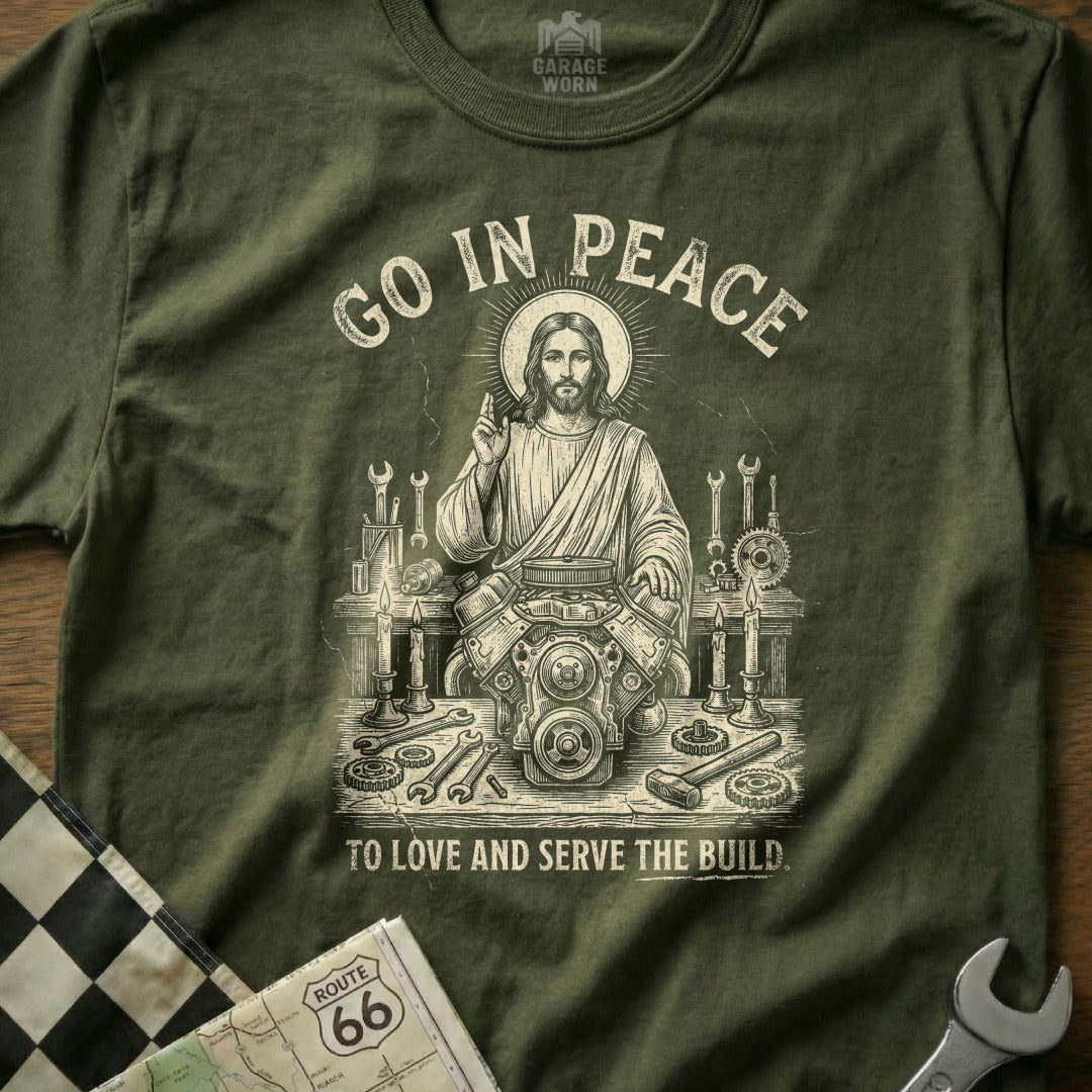 Jesus with tools and engine parts, text "Go in Peace to Love and Serve the Build."