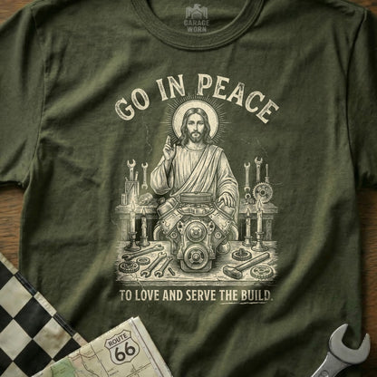 Jesus with tools and engine parts, text "Go in Peace to Love and Serve the Build."