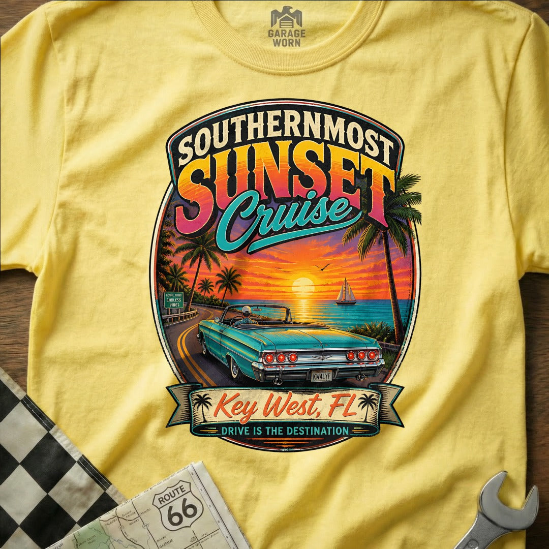Yellow t-shirt with Southernmost Sunset Cruise graphic featuring Key West, FL.