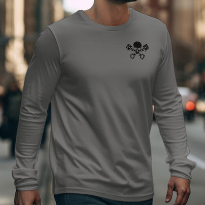 Grey long-sleeved shirt with crossed piston and skull graphic on chest.