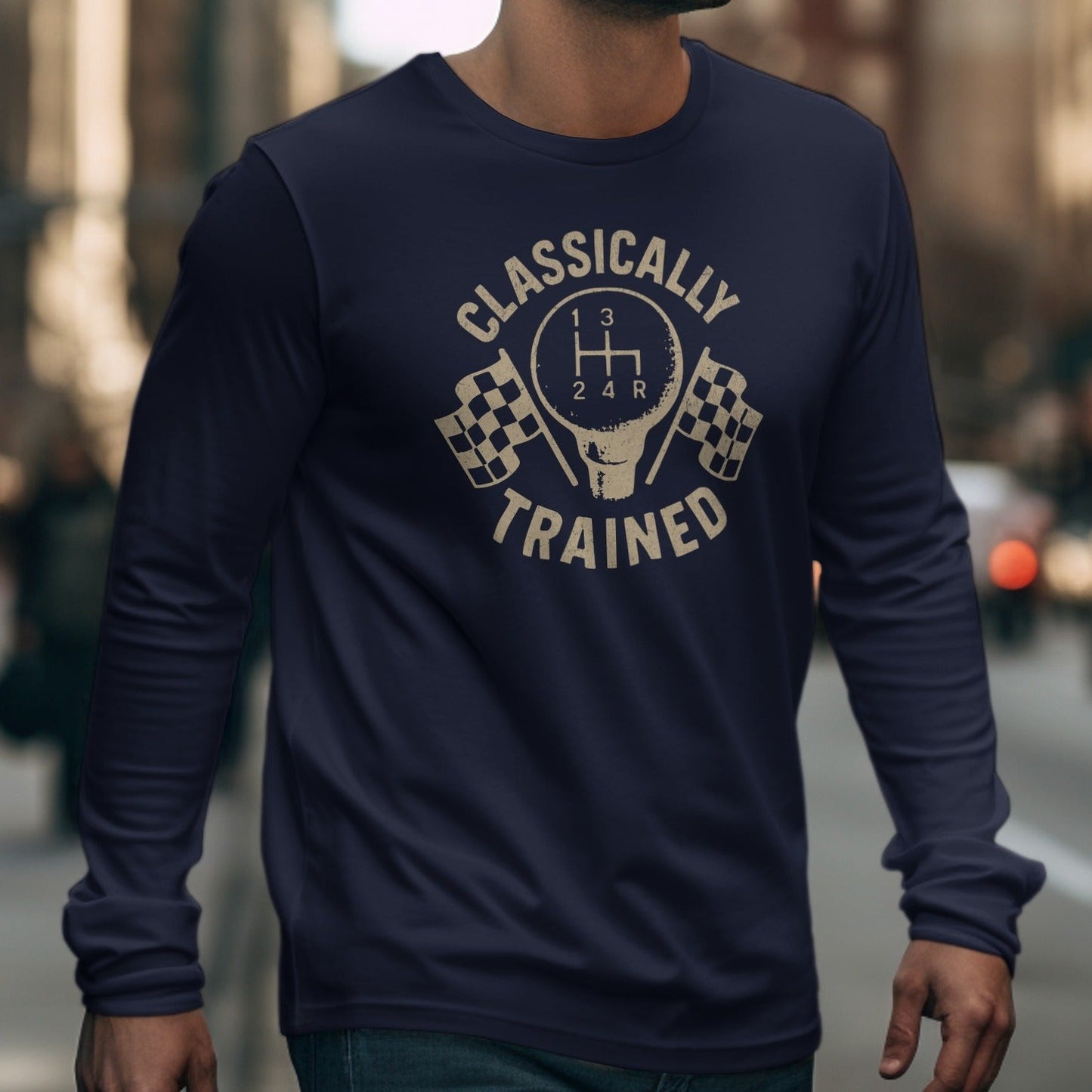 Navy long-sleeve shirt with "Classically Trained" text and gear shift graphic.