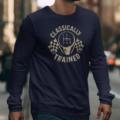 Navy long-sleeve shirt with "Classically Trained" text and gear shift graphic.